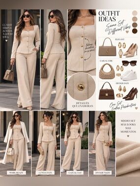Haute Monde Beige Button-Front Wide-Leg Pant Set